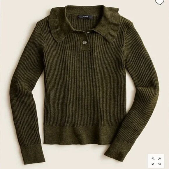NWT J. Crew Ruffle-collar Ribbed Merino Wool Sweater Olive XXL - Picture 1 of 2